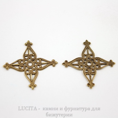 Винтажный декоративный элемент - филигрань "Четырехлистник" 34х34 мм (оксид латуни) ()