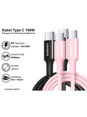 Кабель  UGREEN L502 (65252) USB-C to USB-C PD Fast Charging Braided Cable 5A Max, 2м, розовый