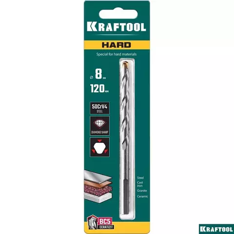 KRAFTOOL Hard, 8 х 120 мм, тв.сплав ВС5, сверло специальное по твёрдым материалам (29177-120-8)
