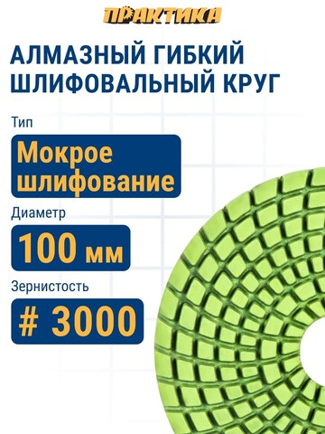Круг алмазный гибкий шлифовальный ПРАКТИКА 100 мм для мокрого шлифования, P3000 (925-518)