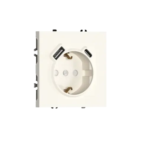 Розетка 220В с заземлением, со шторками, 16А + зарядка USB A+C 20W, на винтах, матовый кремовый DONEL S08