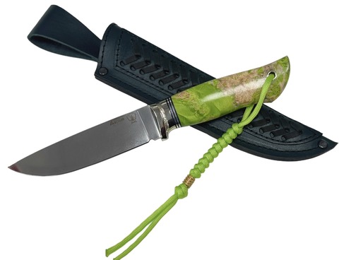Нож Соболь Premium, Bohler K340, рукоять кап.клёна, мельхиор, темляк, салатовый