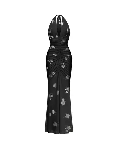 Луна макси (Luna maxi), платье макси из черной сетки с цветочным принтом