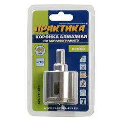 Коронка алмазная ПРАКТИКА Профи по керамограниту/керамике  40х70мм, пилотное сверло, (917-651)