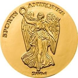 Золотая монета 2004 года выпуска Того 1000 франков Богиня Ника (вогнутая), AU-999, 1,24 гр. диам. 13,92 мм, тир. 5000 экз., proof