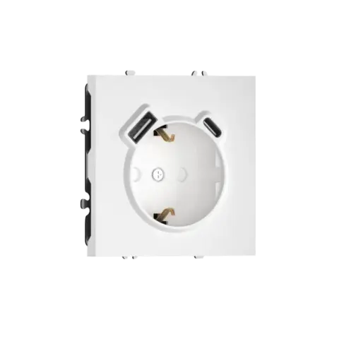 Розетка 220В с заземлением, со шторками, 16А + зарядка USB A+C 20W, на винтах, матовый белый DONEL S08