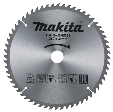 Пильный диск для дерева 260x30x2.6/1.8x60T Makita D-65383