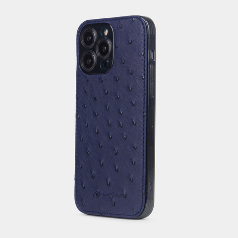 Чехол для iPhone 15 Pro Max из кожи страуса, синего цвета