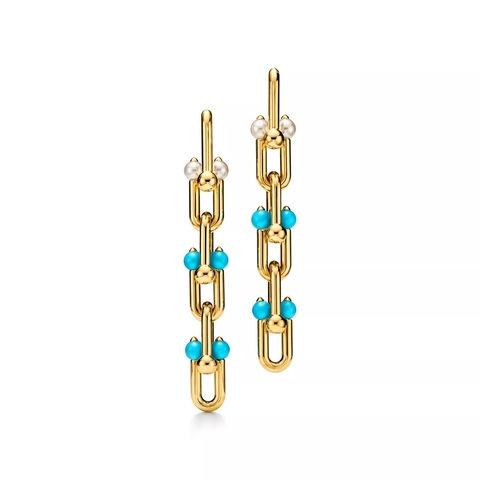 Серьги из жёлтого золота 18k с бирюзой и жемчугом , Tiffany 💠 Hard Wear medium Link