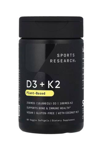 Sports Research Витамины D3 + K2, растительного происхождения, 250 мкг / 100 мкг, 60 растительных капсул