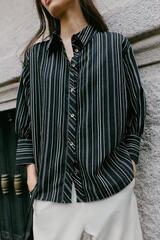 ZARA РУБАШКА В ПОЛОСКУ С РУКАВАМИ 3/4, ЧЕРНЫЙ/ЭКРЮ