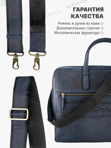 Кожаный мужской портфель универсальный, компактный синего цвета (кожа Крейзи)