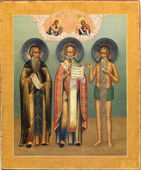 Онуфрий Великий, Николай Чудотворец, Иоанникий Великий. Деревянная икона на левкасе