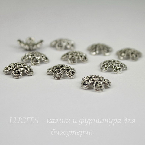 Шапочка для бусины ажурная (цвет - античное серебро) 12х2,5 мм, 10 штук