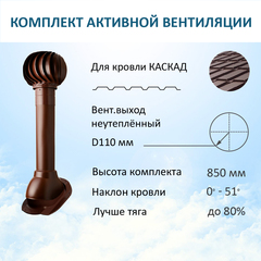 Комплект активной вентиляции: Вентиляционный выход D110 не утепленный высота H=500 мм, проходной элемент ТР-87/К для скатной кровли металлочерепицы Каскад, турбодефлектор Ø 110 мм, коричневый