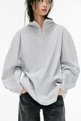 ZARA РУБАШКА ИЗ ПОПЛИНА В ПОЛОСКУ С ОБЪЕМОМ, БЕЛЫЙ/СЕРЫЙ