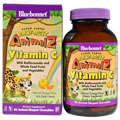 Bluebonnet Nutrition, Super Earth, Rainforest Animalz, витамин С, натуральный апельсиновый вкус, 90 жевательных таблеток в форме животных