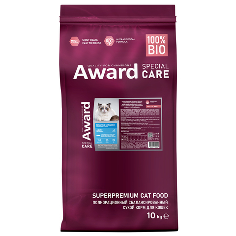 2548955 Сухой корм AWARD SPECIAL CARE Sensitive Skin&Coat для взрослых кошек для здоровой кожи и шерсти со свежей белой рыбой 10кг