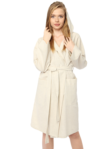 Халат женский с капюшоном льняной бежевый LINEN вареный лён