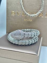 28160- Браслет Змея-SERPENTI с зелёными глазами двойной white VGOLD с цирконами (lux)