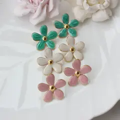 Серьги пусеты Цветы с эмалью, розовый, 25 мм, сталь, позолота, СГ022