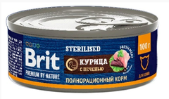 Влажный корм консервы для стерилизованных кошек Брит Brit Premium by Nature 0,1кг с мясом курицы и печенью. 12 упаковок