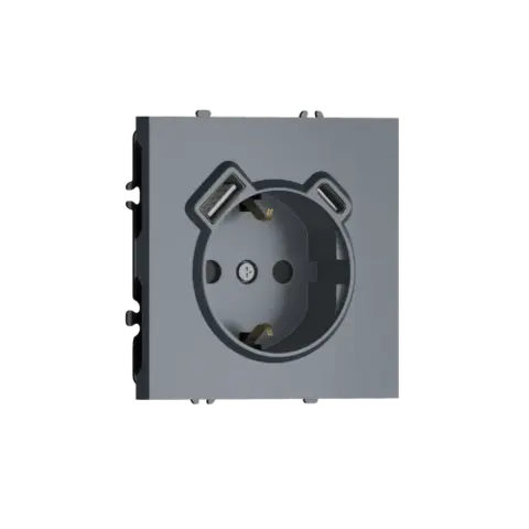 Розетка 220В с заземлением, со шторками, 16А + зарядка USB A+C 20W, на винтах, сталь DONEL S08