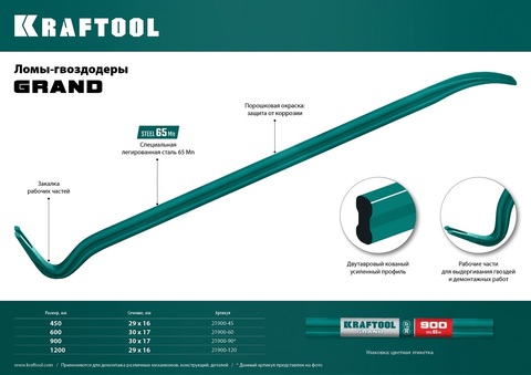KRAFTOOL GRAND, 900 мм, 30 х 17 мм, двутавровый лом-гвоздодер (21900-90)