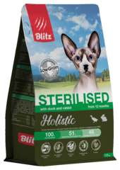 Сухой корм для кошек Blitz Holistic Cat Duck & Rabbit Sterilised Cat низкозерновой корм для стерилизованных кошек,утка и кролик, 1,5 кг