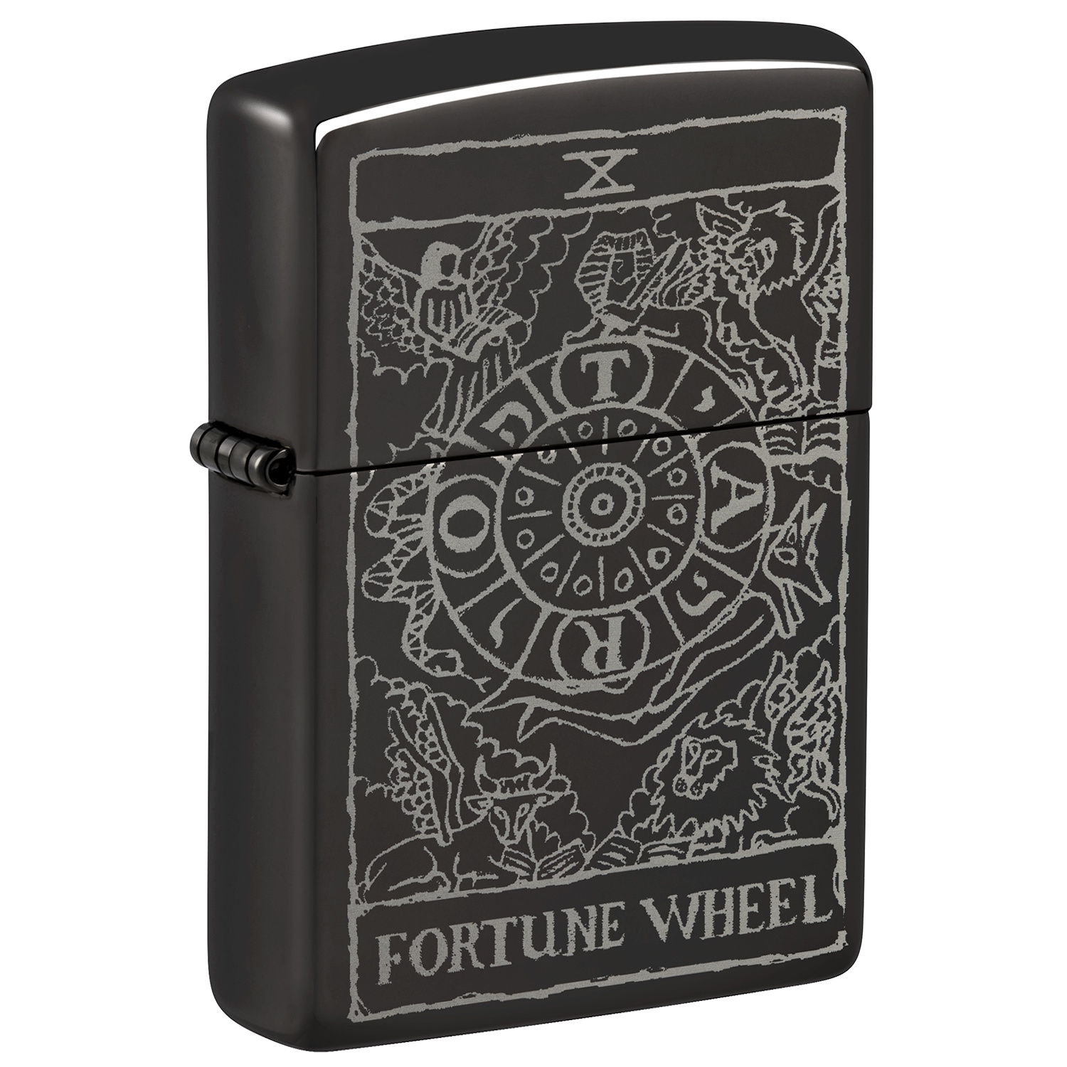 Зажигалка ZIPPO Wheel Of Fortune с покрытием High Polish Black, латунь/сталь, черная, глянцевая, 38x13x57 мм
