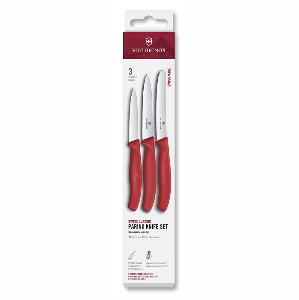 Набор из 3х кухонных ножей Victorinox Swiss Classic, нержавеющая сталь, рукоять пластик, красный