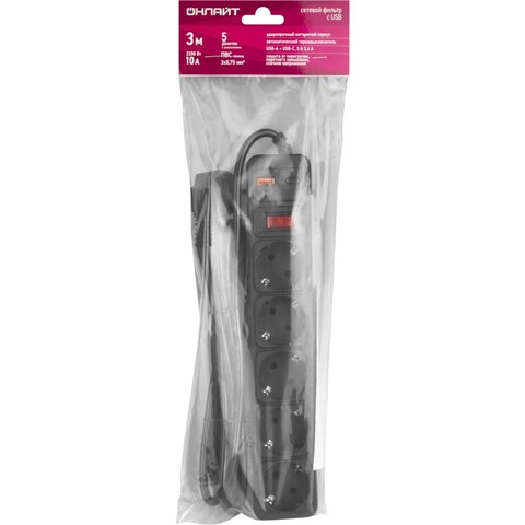 Сетевой фильтр, удлинитель Navigator  OSP-USB-05-300-ESC-3х0.75-BL кабель 3м, 5 розеток, заземление, выключатель, ПВС 3×0.75мм², 10А, макс. нагрузка 2200Вт, IP20, сетевой фильтр, USB-A + USB-C 5В/2,4А, черный, защита от перегрузки, КЗ и скачков напряжения - купить в компании MAKtorg