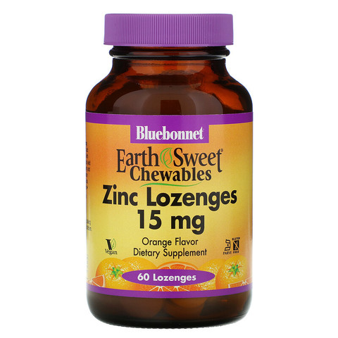 Bluebonnet Nutrition, EarthSweet, пастилки с цинком, натуральный апельсиновый ароматизатор, 15 мг, 60 пастилок