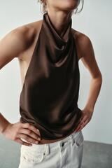 ZARA АТЛАСНЫЙ ТОП С ГОРЛОВИНОЙ ХАЛТЕР, КОРИЧНЕВЫЙ