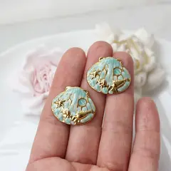 Серьги пусеты Ракушки с эмалью, голубой, 22*25 мм, сталь, позолота, СГ038