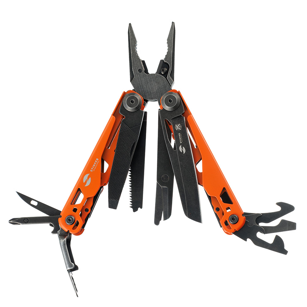 Мультитул Stinger 107 х 19 мм, 19 функций, сталь 440A/420A, оранжевый корпус, нейлоновый чехол