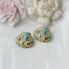 Серьги пусеты Ракушки с эмалью, голубой, 22*25 мм, сталь, позолота, СГ038