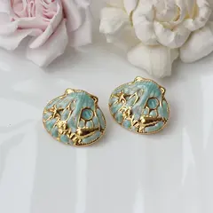 Серьги пусеты Ракушки с эмалью, голубой, 22*25 мм, сталь, позолота, СГ038