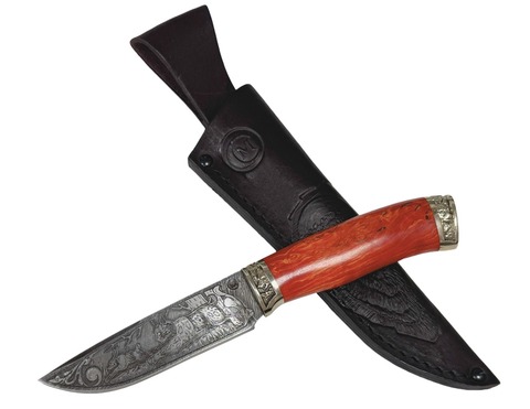 Нож Соболь, дамасская сталь с гравировкой, стаб. карельская береза, мельхиор