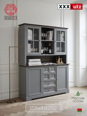 Буфет, 155х41х202, Лэйквью, для кухни и гостиной, деревянный с 4 дверями, из массива дерева, серый, MAKOSA