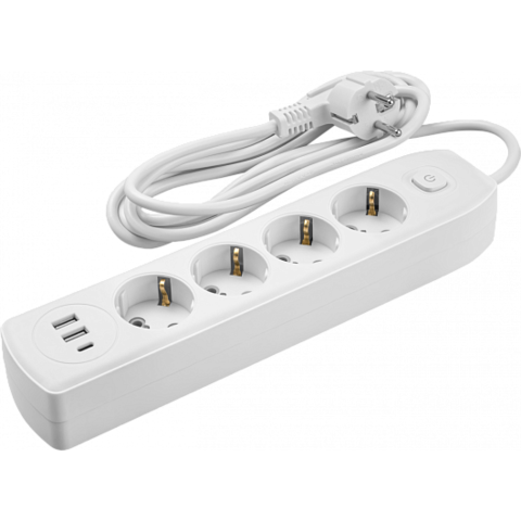 Сетевой фильтр, удлинитель Navigator  OPE-USB-04-300-ESC-3x1 кабель 3м, 4 розетки, заземление, выключатель, ПВС 3×1мм², 10А, макс. нагрузка 2500Вт, IP20, 2×USB-A + USB-C, 5В/2,4А, белый - купить в компании MAKtorg
