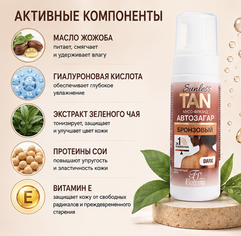 Floresan SUNLESS TAN Мусс-флюид автозагар DARK БРОНЗОВЫЙ 3% 150мл (Ф-810) — фото 3