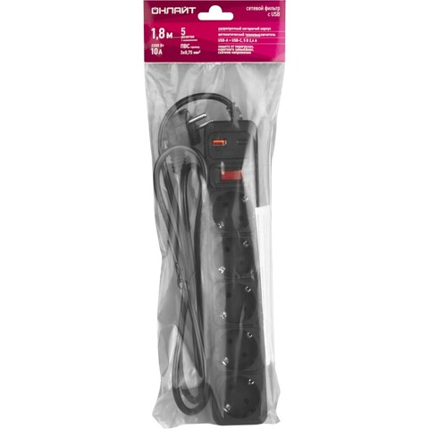 Сетевой фильтр, удлинитель Navigator  OSP-USB-05-180-ESC-3х0.75-BL кабель 1,8м, 5 розеток, заземление, выключатель, ПВС 3×0.75мм², 10А, макс. нагрузка 2200Вт, IP20, сетевой фильтр, USB-A + USB-C 5В/2,4А, черный, защита от перегрузки, КЗ и скачков напряжения - купить в компании MAKtorg