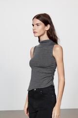 ZARA ТОП С ВОРОТНИКОМ-СТОЙКОЙ, МЯГКИЙ СЕРЫЙ