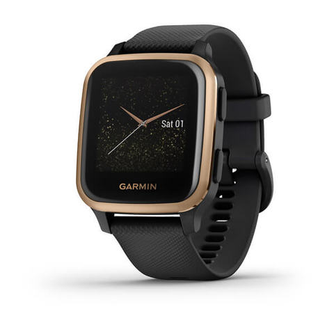 Garmin Venu Sq Music Edition - Rose Gold Aluminum Bezel with Black Case and Silicone Band