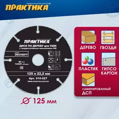 Диск по дереву с твердосплавным зерном ПРАКТИКА 125 х 22 мм для УШМ (910-027)