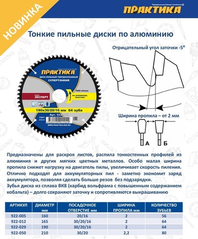 Диск пильный твердосплавный по алюминию ПРАКТИКА 165 х 30\20\16 мм, ТОНКИЙ, 64 зуба (922-012)