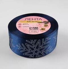 Лента Атласная (4см*23±1м), «Снежинки», Темно-синяя, 1 шт.