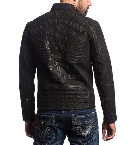 Afflction | Куртка кожаная мужская Midnight Hour 110OW263 черного цвета спина