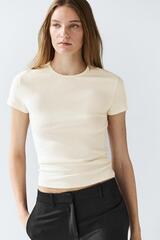 Massimo Dutti Футболка с коротким рукавом из смесовой хлопковой ткани, натуральный